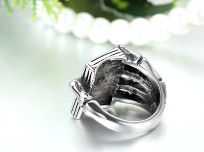 Boniskiss Mens Stainless Steel Ring Gothic Skull Hand Claw Poker Playing Card Black Silver