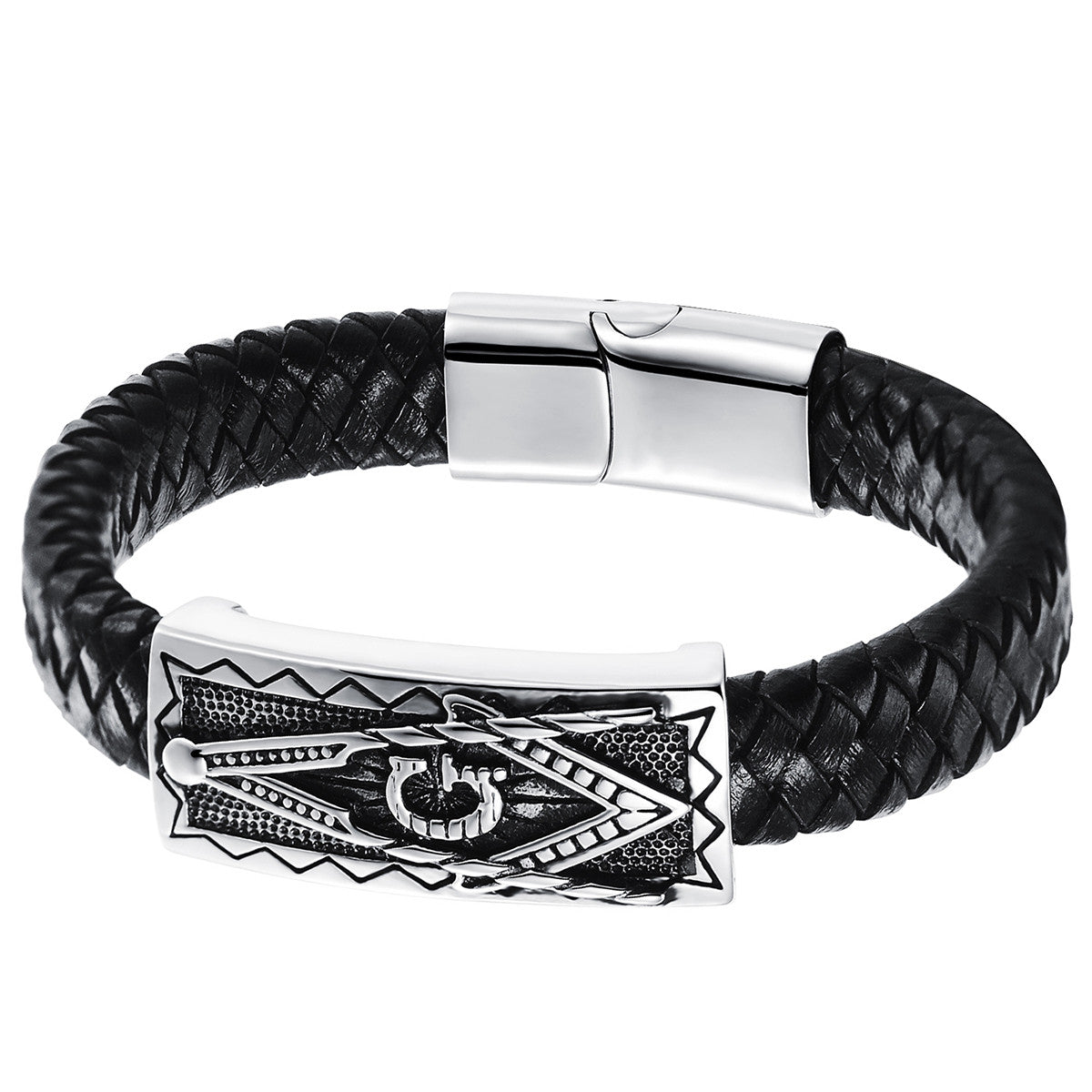 Boniskiss Mens Freemason Masonic Bracelet, Braided Leather Bangle Bracelets for Men Stainless Steel