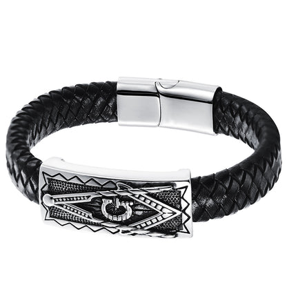Boniskiss Mens Freemason Masonic Bracelet, Braided Leather Bangle Bracelets for Men Stainless Steel