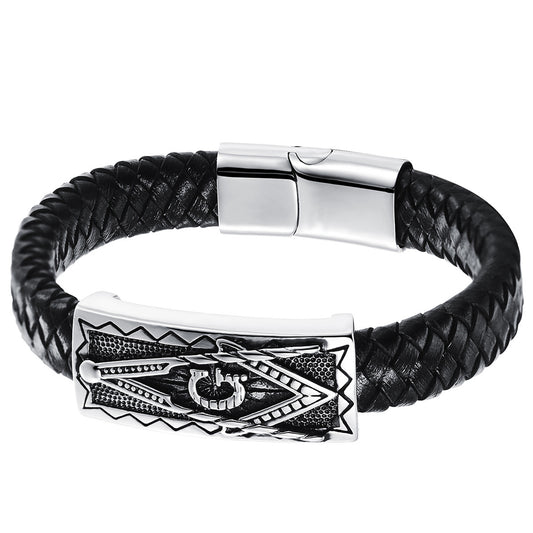 Boniskiss Mens Freemason Masonic Bracelet, Braided Leather Bangle Bracelets for Men Stainless Steel