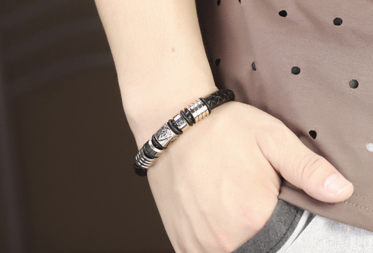 Boniskiss Mens Womens Stainless Steel Leather Masonic Freemason Bracelet Braided Chunky Bangle, Magnetic Clasp