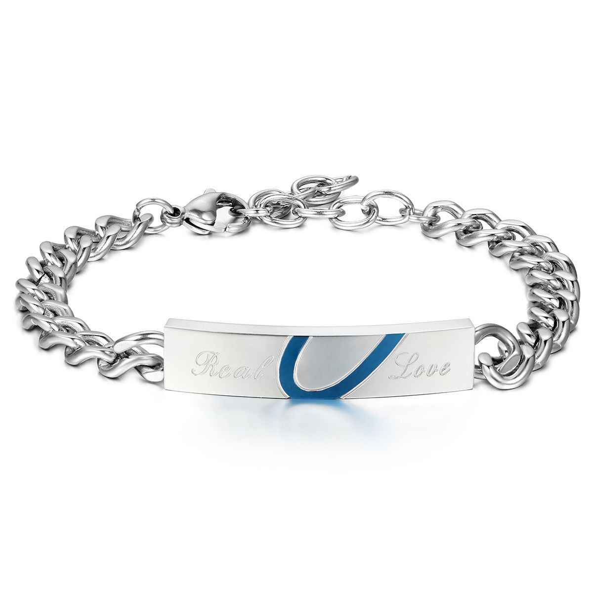 Boniskiss Mens Women's Matching Blue Heart Real Love Stainless Steel Couple Promise Bangles Bracelets Valentine Gifts