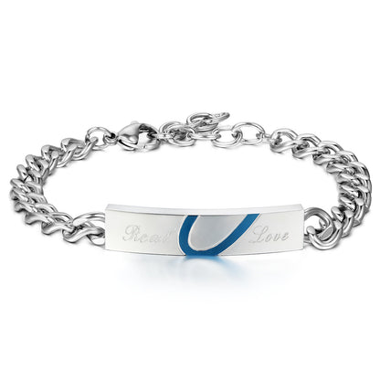 Boniskiss Mens Women's Matching Blue Heart Real Love Stainless Steel Couple Promise Bangles Bracelets Valentine Gifts