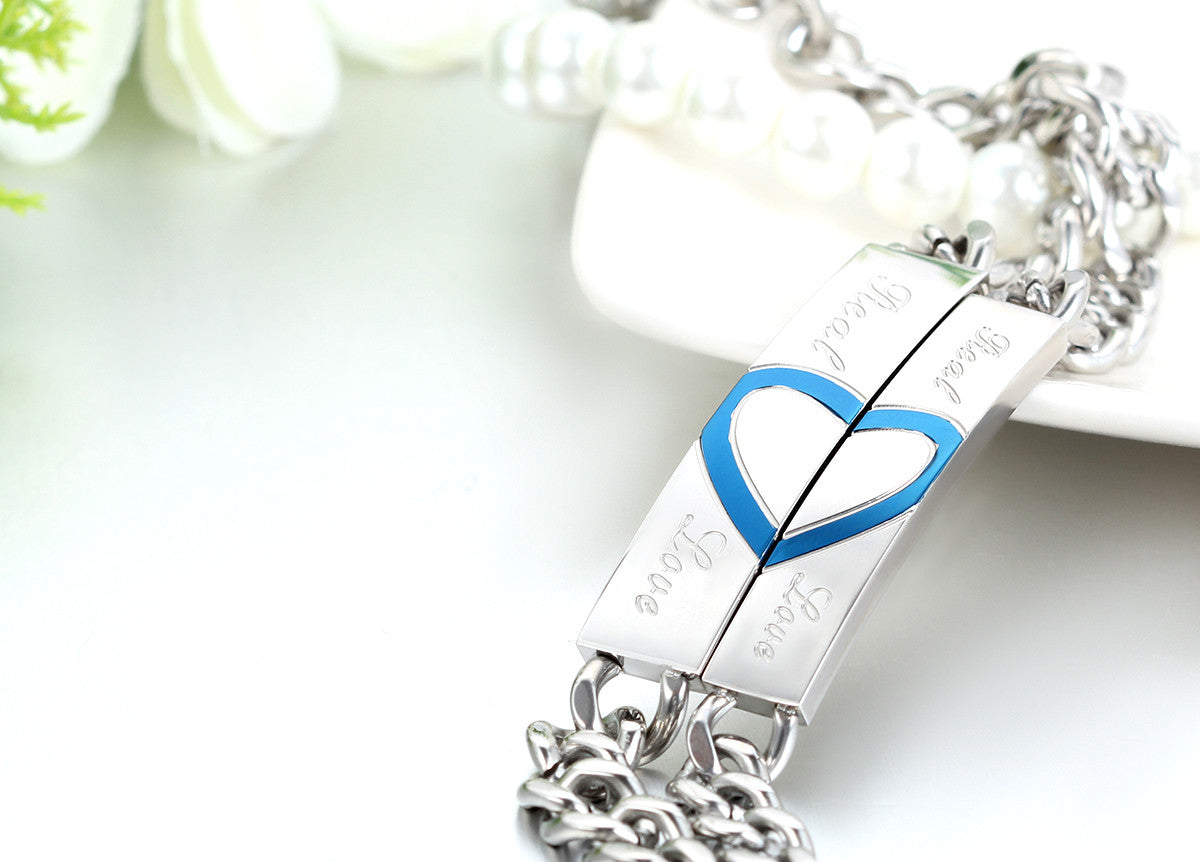 Boniskiss Mens Women's Matching Blue Heart Real Love Stainless Steel Couple Promise Bangles Bracelets Valentine Gifts