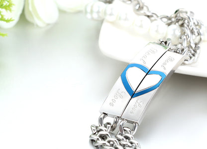 Boniskiss Mens Women's Matching Blue Heart Real Love Stainless Steel Couple Promise Bangles Bracelets Valentine Gifts