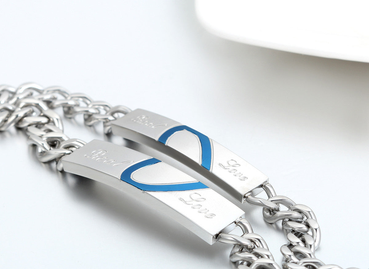 Boniskiss Mens Women's Matching Blue Heart Real Love Stainless Steel Couple Promise Bangles Bracelets Valentine Gifts