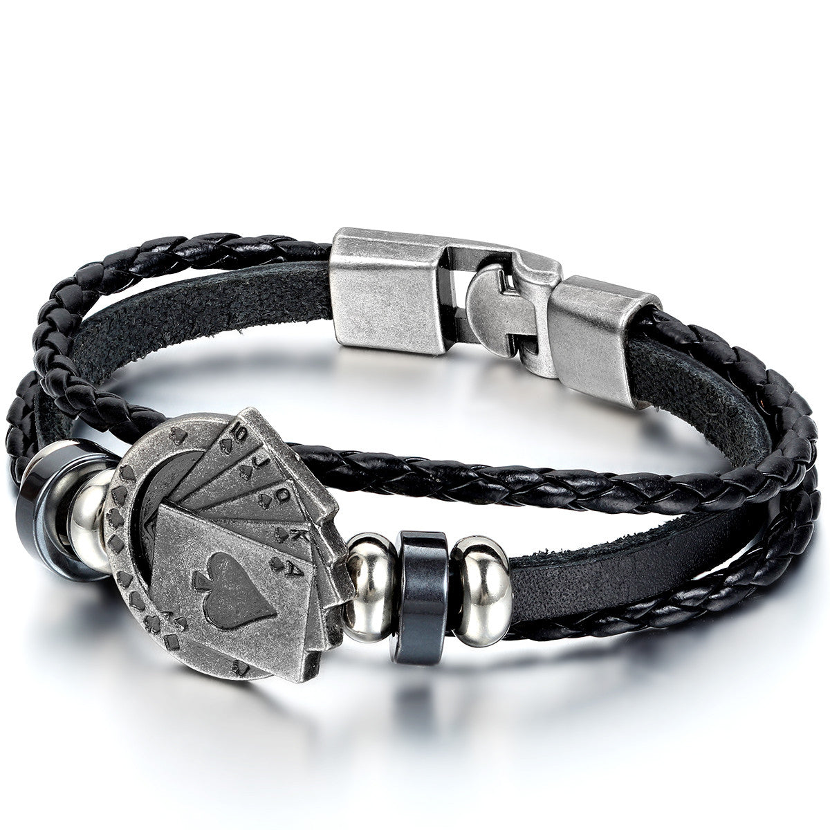 Boniskiss Poker Bracelet Leather Rope Easy Clasp Black