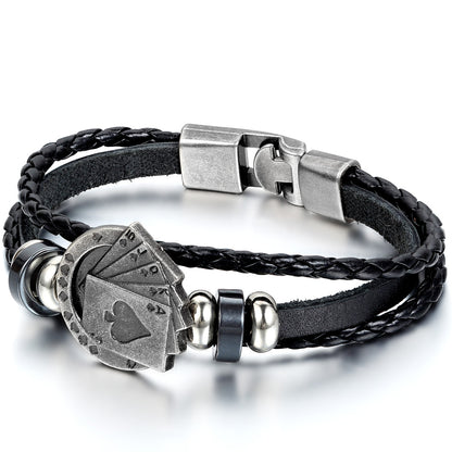 Boniskiss Poker Bracelet Leather Rope Easy Clasp Black