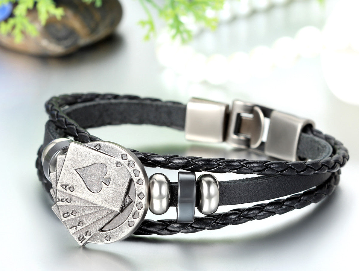 Boniskiss Poker Bracelet Leather Rope Easy Clasp Black