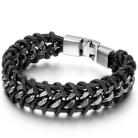Boniskiss Mens Leather Punk Rock Bracelet Wide Rope Cuff Bangle