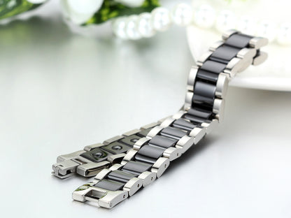 Boniskiss Black Ceramic and Stainless Steel Bracelet Link Chain Bangle Wristband