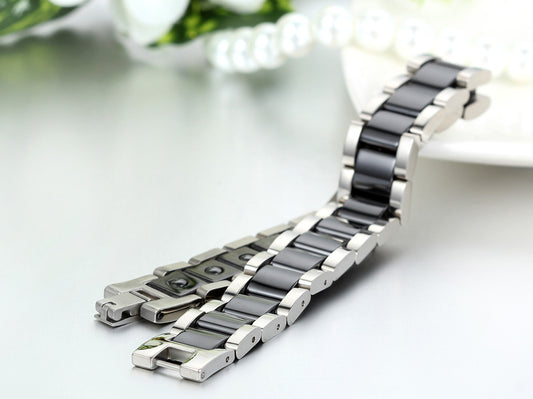 Boniskiss Black Ceramic and Stainless Steel Bracelet Link Chain Bangle Wristband