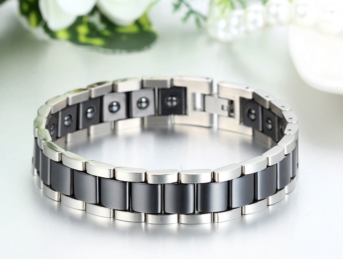 Boniskiss Black Ceramic and Stainless Steel Bracelet Link Chain Bangle Wristband