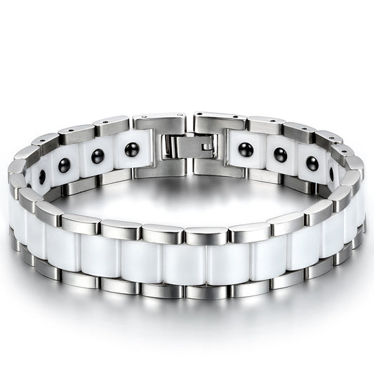 Boniskiss White Ceramic and Stainless Steel Bracelet Link Chain Bangle Wristband