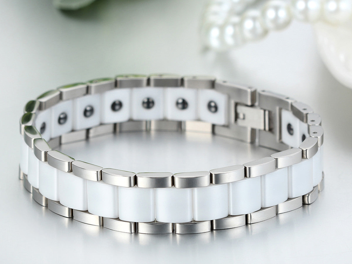 Boniskiss White Ceramic and Stainless Steel Bracelet Link Chain Bangle Wristband
