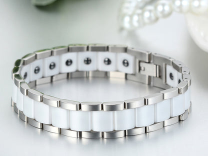 Boniskiss White Ceramic and Stainless Steel Bracelet Link Chain Bangle Wristband