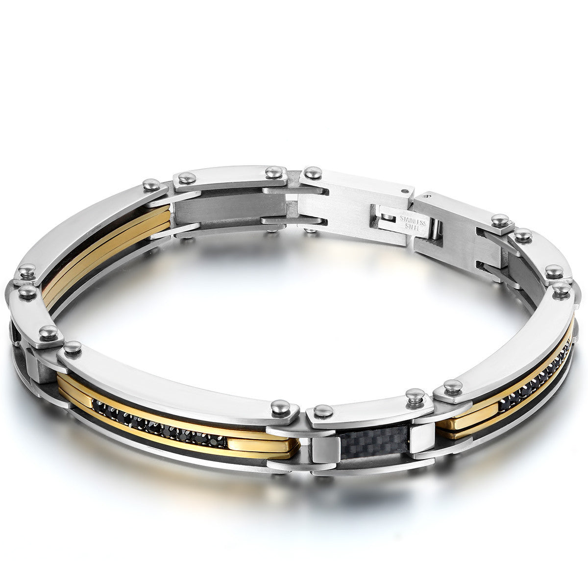 Boniskisss Biker Link Zirconia Stainless Steel Bracelet Unisex Gold Silver