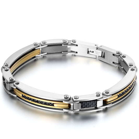 Boniskisss Biker Link Zirconia Stainless Steel Bracelet Unisex Gold Silver