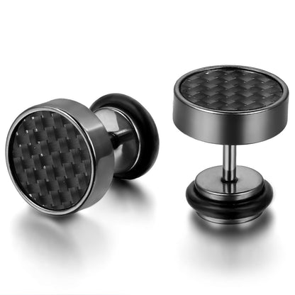 Boniskiss 9mm Mens Stud Earrings Stainless Steel Illusion Tunnel Plug Screw Back with Carbon Fiber
