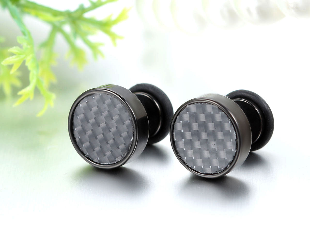 Boniskiss 9mm Mens Stud Earrings Stainless Steel Illusion Tunnel Plug Screw Back with Carbon Fiber