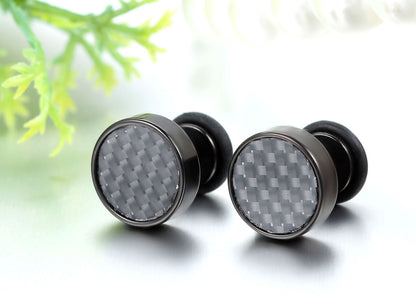 Boniskiss 9mm Mens Stud Earrings Stainless Steel Illusion Tunnel Plug Screw Back with Carbon Fiber