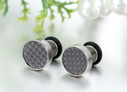 Boniskiss 9mm Mens Stud Earrings Stainless Steel Illusion Tunnel Plug Screw Back with Carbon Fiber