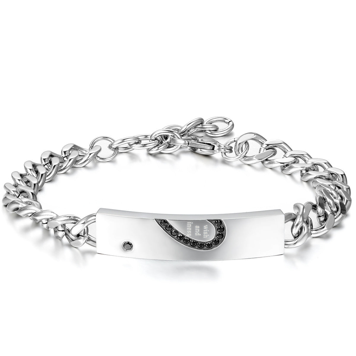 Boniskiss New Stainless Steel Cubic Zirconia Matching Heart ID Couple Bracelet Link Chain Wrist Valentine Lover Promise