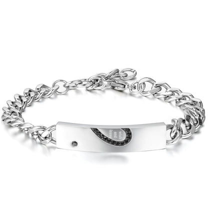 Boniskiss New Stainless Steel Cubic Zirconia Matching Heart ID Couple Bracelet Link Chain Wrist Valentine Lover Promise