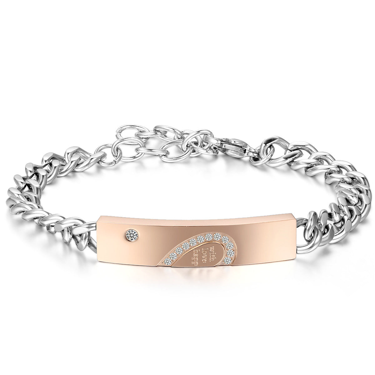 Boniskiss New Stainless Steel Cubic Zirconia Matching Heart ID Couple Bracelet Link Chain Wrist Valentine Lover Promise