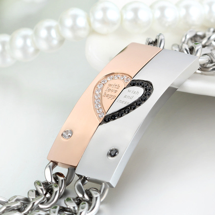 Boniskiss New Stainless Steel Cubic Zirconia Matching Heart ID Couple Bracelet Link Chain Wrist Valentine Lover Promise