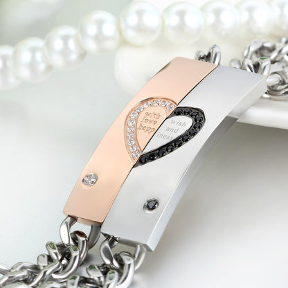 Boniskiss New Stainless Steel Cubic Zirconia Matching Heart ID Couple Bracelet Link Chain Wrist Valentine Lover Promise