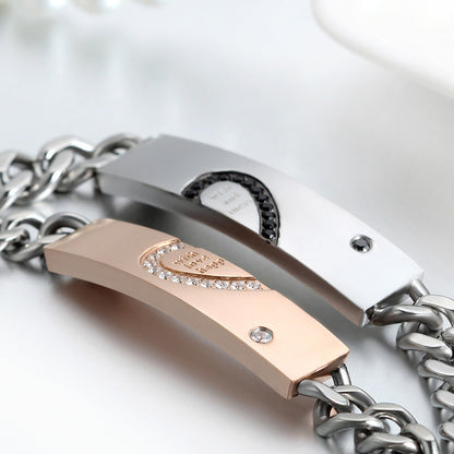 Boniskiss New Stainless Steel Cubic Zirconia Matching Heart ID Couple Bracelet Link Chain Wrist Valentine Lover Promise