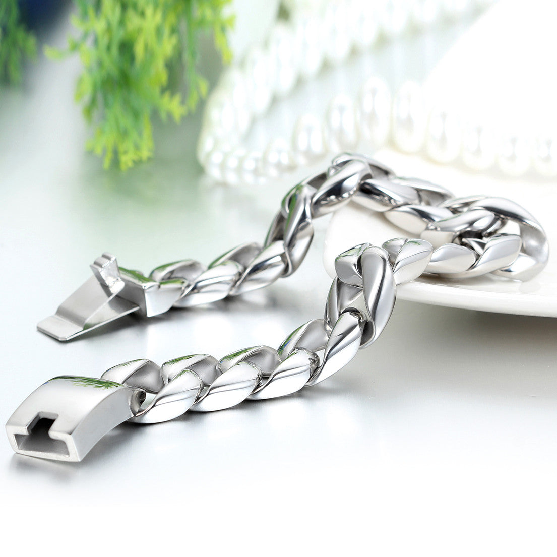 Boniskiss High Polished Men's Stainless Steel Wide Link Chain Large Heavy Biker Bracelet