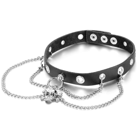 Boniskiss Punk Rock Leather Choker with Skull Pendant
