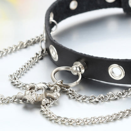 Boniskiss Punk Rock Leather Choker with Skull Pendant