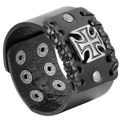 Boniskiss Rock Punk Mens Cross Bracelet Wide Band Cuff Bangle Brown Black Valentine Day Gift