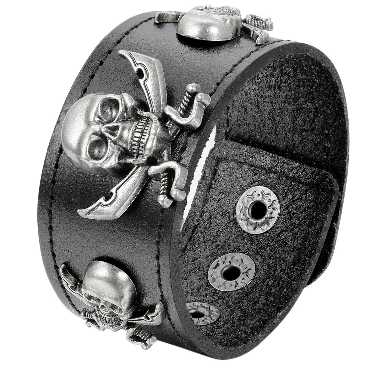 Boniskiss Mens Gothic Pirate Skull Charm Black Leather Bracelet Biker Halloween Jewelry