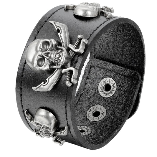 Boniskiss Mens Gothic Pirate Skull Charm Black Leather Bracelet Biker Halloween Jewelry