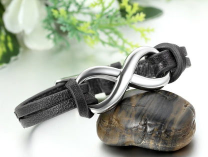 Boniskiss Stainless Steel Infinity Love Charm Leather Bracelet for Men Women Adjustable Fit 7 - 8.3 inch Black Brown White