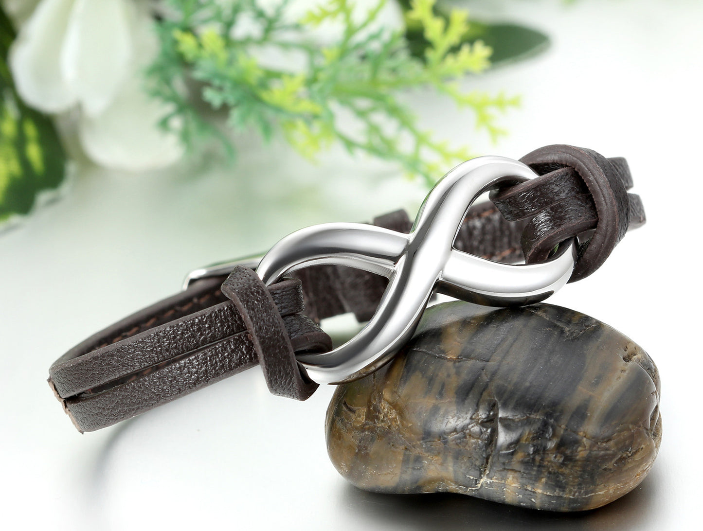 Boniskiss Stainless Steel Infinity Love Charm Leather Bracelet for Men Women Adjustable Fit 7 - 8.3 inch Black Brown White