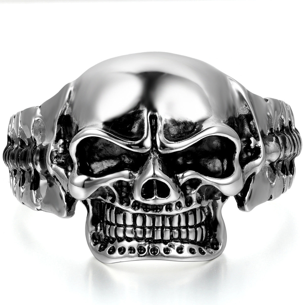 Boniskiss Mens Stainless Steel Biker Skull Cuff Bangle Bracelet Silver Black Two-tone Polished Heavy