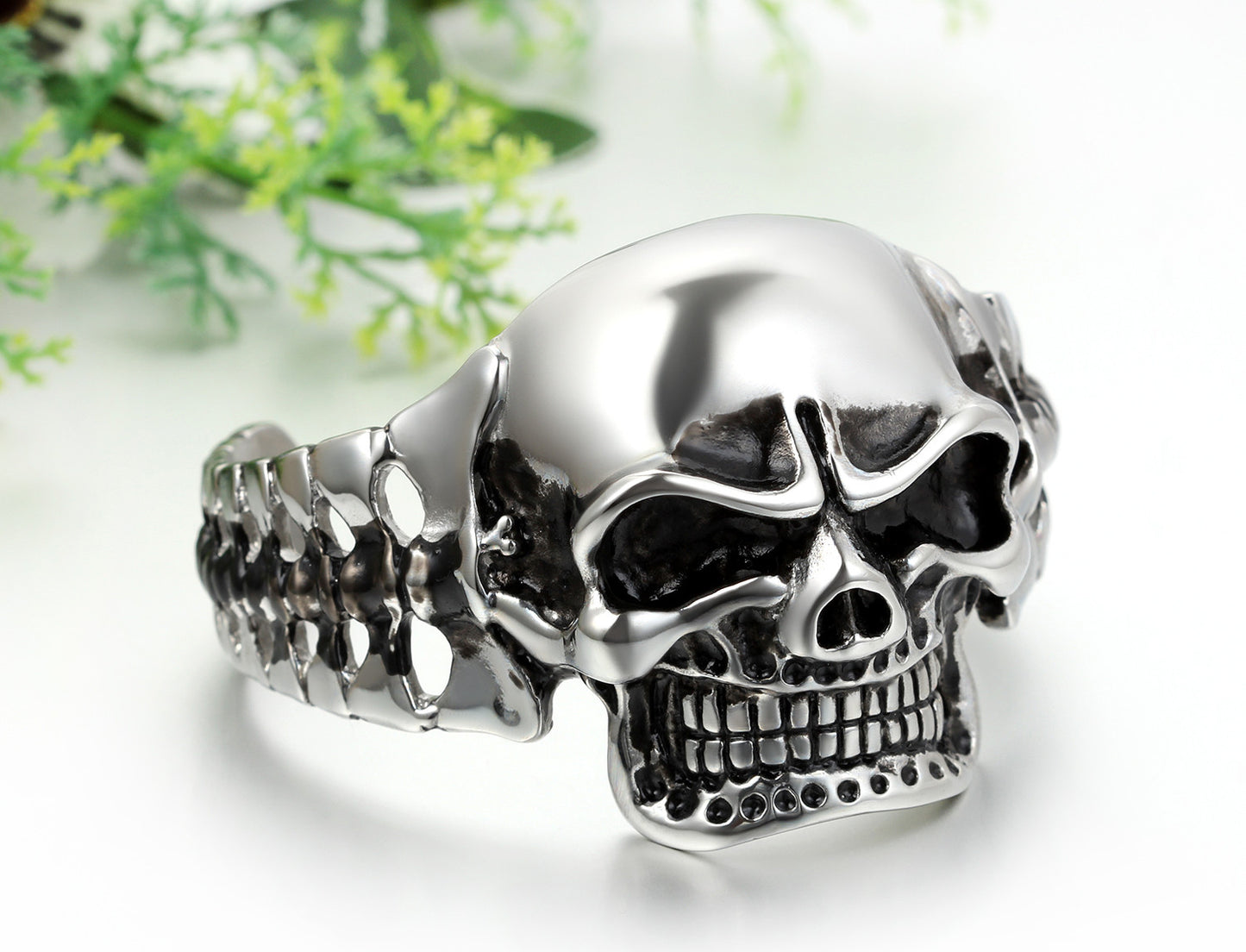 Boniskiss Mens Stainless Steel Biker Skull Cuff Bangle Bracelet Silver Black Two-tone Polished Heavy