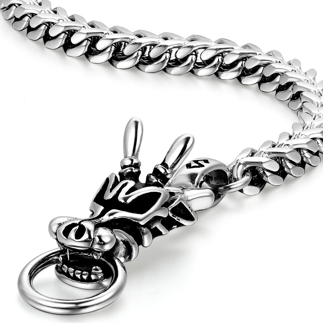 Boniskiss Biker Mens Gothic Style Stainless Steel Curb Chain Dragon Bracelet Toggle Clasp 9.4 Inch, Father's Day Gift