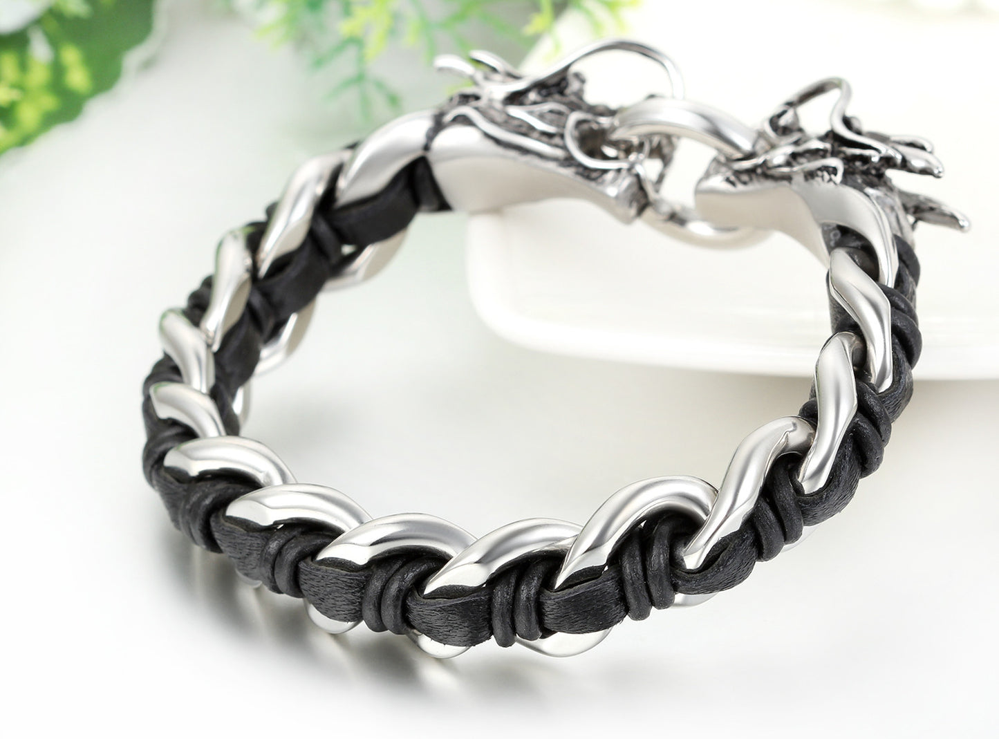 Boniskiss Gift for Dad Mens Stainless Steel Dragon Curb Chain Bracelet Interwoven with Black Genuine Leather Strap