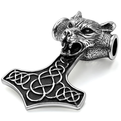 Boniskiss Stainless Steel Celtic Knot Wolf Thor Hammer Pendant Necklace for Men, 22" Chain, Silver Black Colour