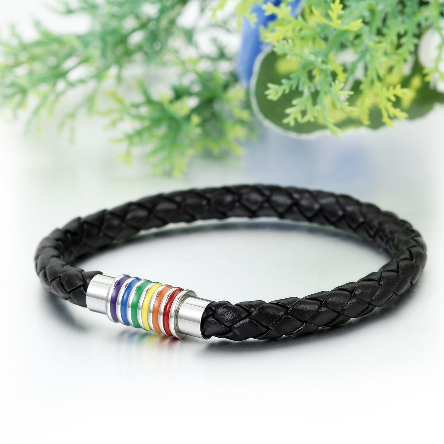 Boniskiss Mens Womens Black Leather Rainbow Gay Pride Bracelet 8.7in Stainless Steel