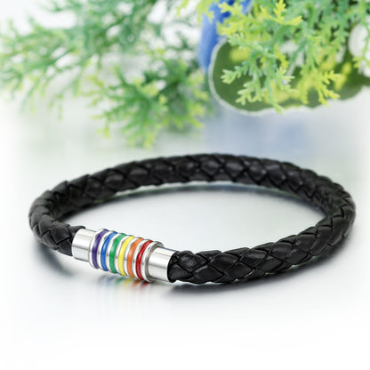 Boniskiss Mens Womens Black Leather Rainbow Gay Pride Bracelet 8.7in Stainless Steel