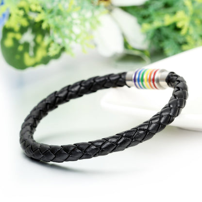 Boniskiss Mens Womens Black Leather Rainbow Gay Pride Bracelet 8.7in Stainless Steel