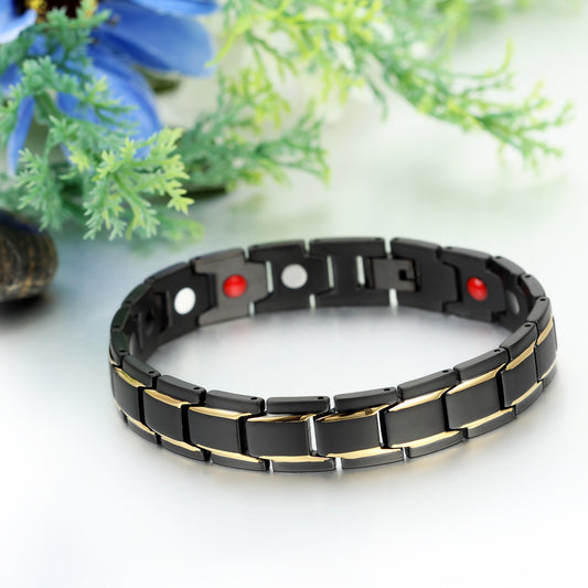 Boniskiss Mens Unique Stainless Steel Power Element Bracelet with Magnets, Gold Black Color