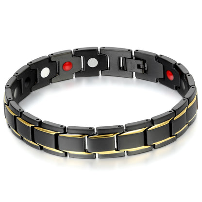 Boniskiss Mens Unique Stainless Steel Power Element Bracelet with Magnets, Gold Black Color
